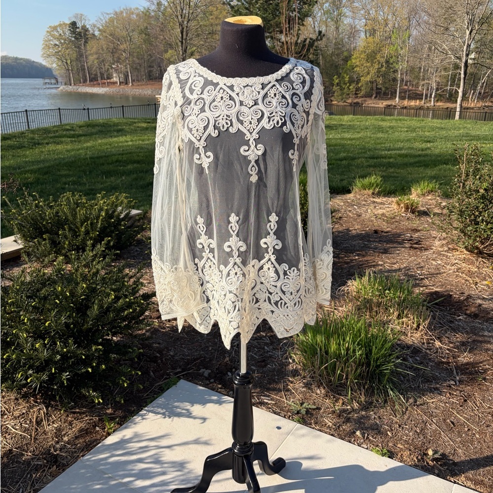 Sheer Lace Embroidered Boho Blouse Romantic Festival Top Small - Picture 3 of 4